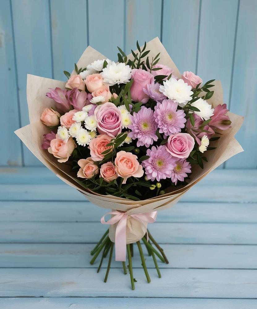 Букет цветов из: Хризантемы, Розы и Альстромерии в Гиагинском