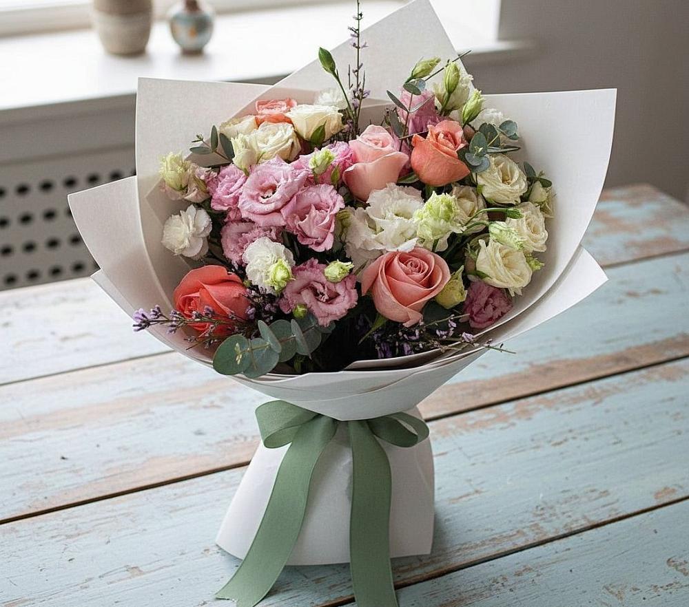 Букет цветов из: Розы, Лизиантусы и Гвоздики в Гиагинском