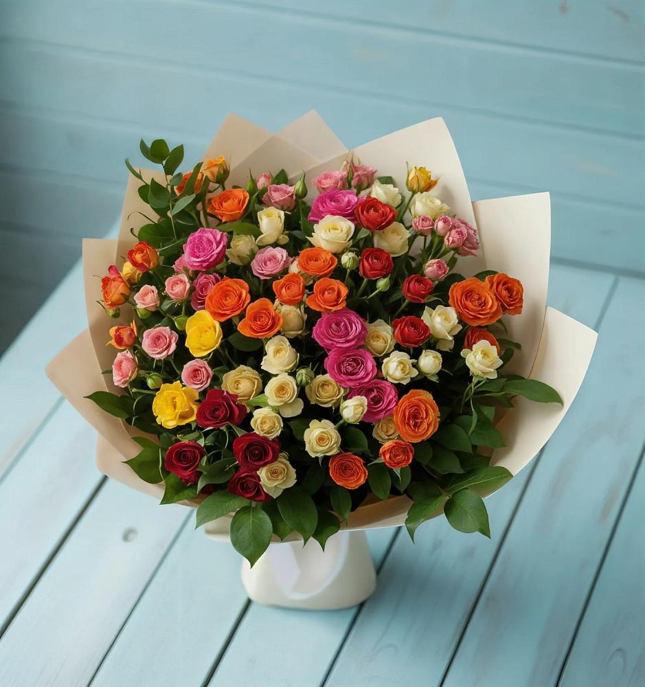 Букет Микс из разноцветных кустовых роз в Гиагинском