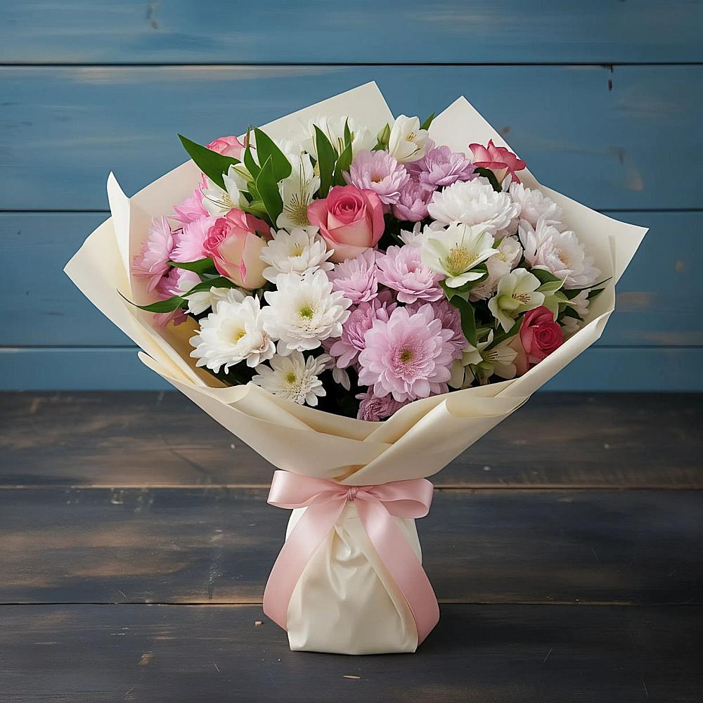 Букет цветов из: Хризантемы, Альстромерии и Розы в Гиагинском